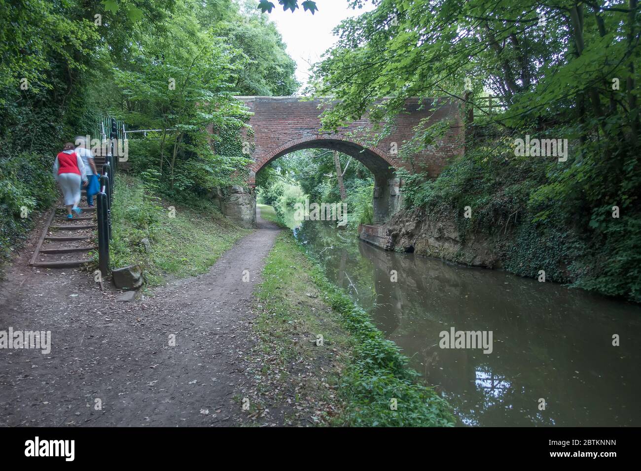 People use bridge over Trent and Mersey Canal near Armitage, Staffordshire, UK Stock Photo