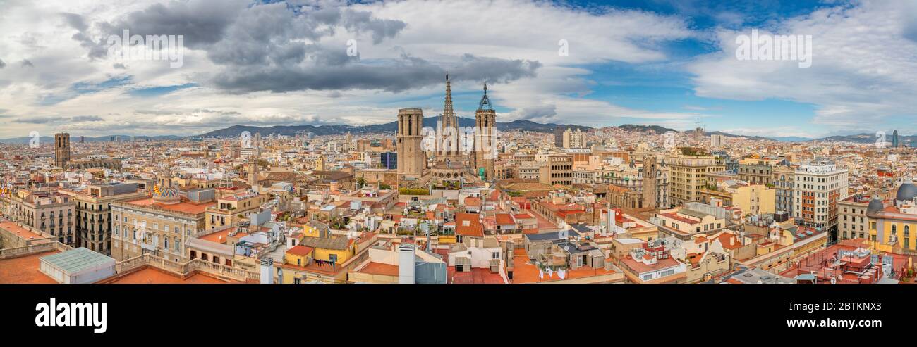 Barcelona - The panorma of the city with the old Cathedral in the centre. Stock Photo