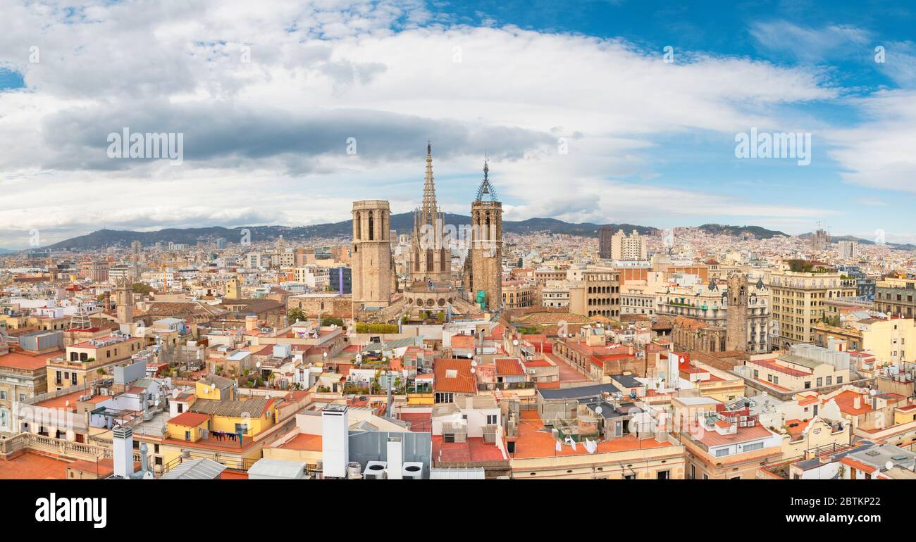 Barcelona - The panorma of the city with the old Cathedral in the centre. Stock Photo