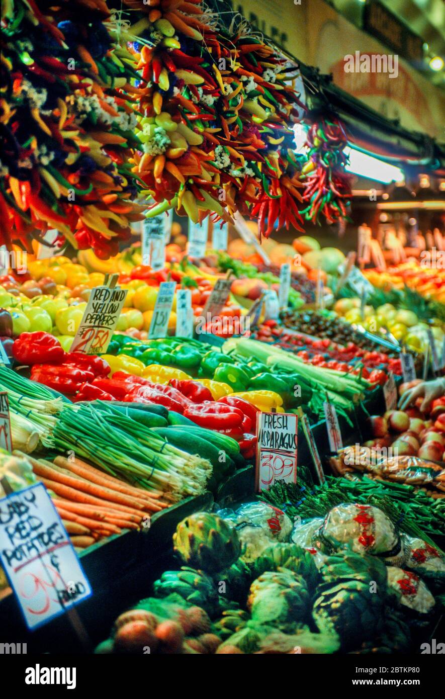 Vegetables on display at Pike Place Market ,Seattle WA Stock Photo
