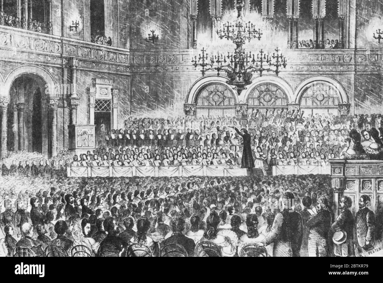 Franz Liszt's fundraising concert for the flood victims of Pest in 1839, where he was the conductor of the orchestra. Vigadó Concert Hall, Pest. Stock Photo