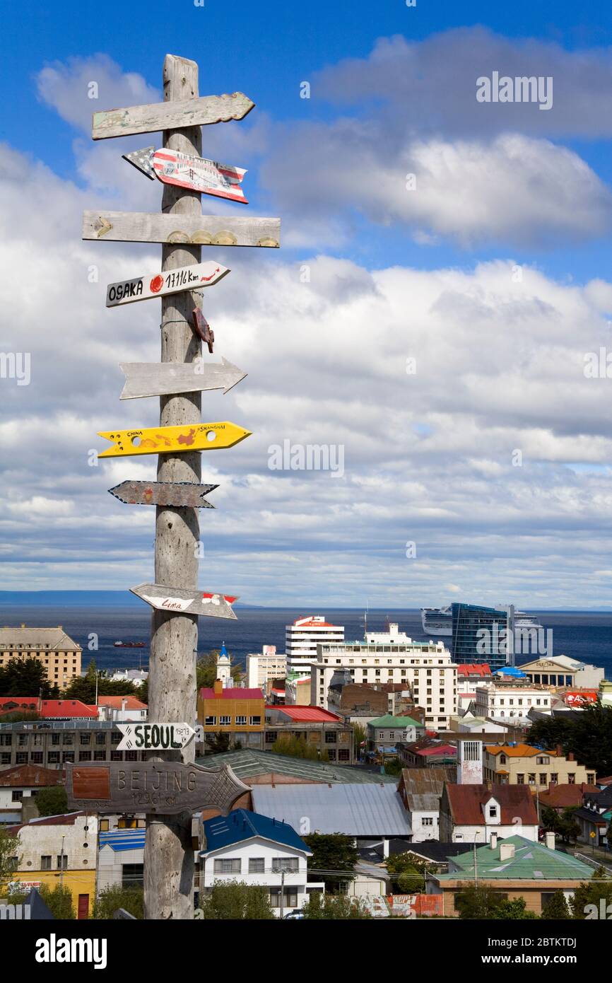 Signs on La Cruz Hill, Punta Arenas City, Magallanes Province, Patagonia, Chile, South America Stock Photo