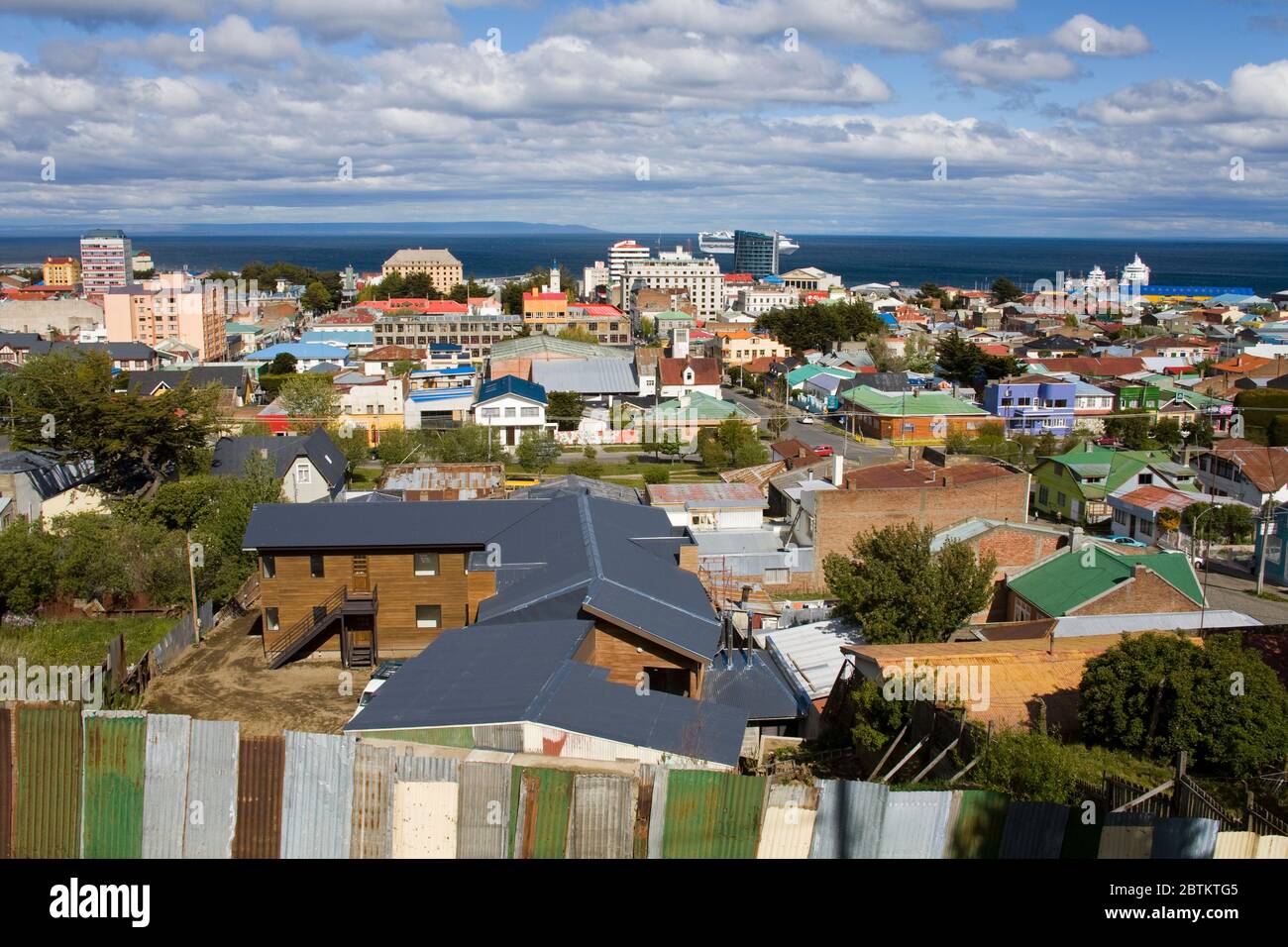 View of Punta Arenas City from La Cruz Hill, Magallanes Province, Patagonia, Chile, South America Stock Photo