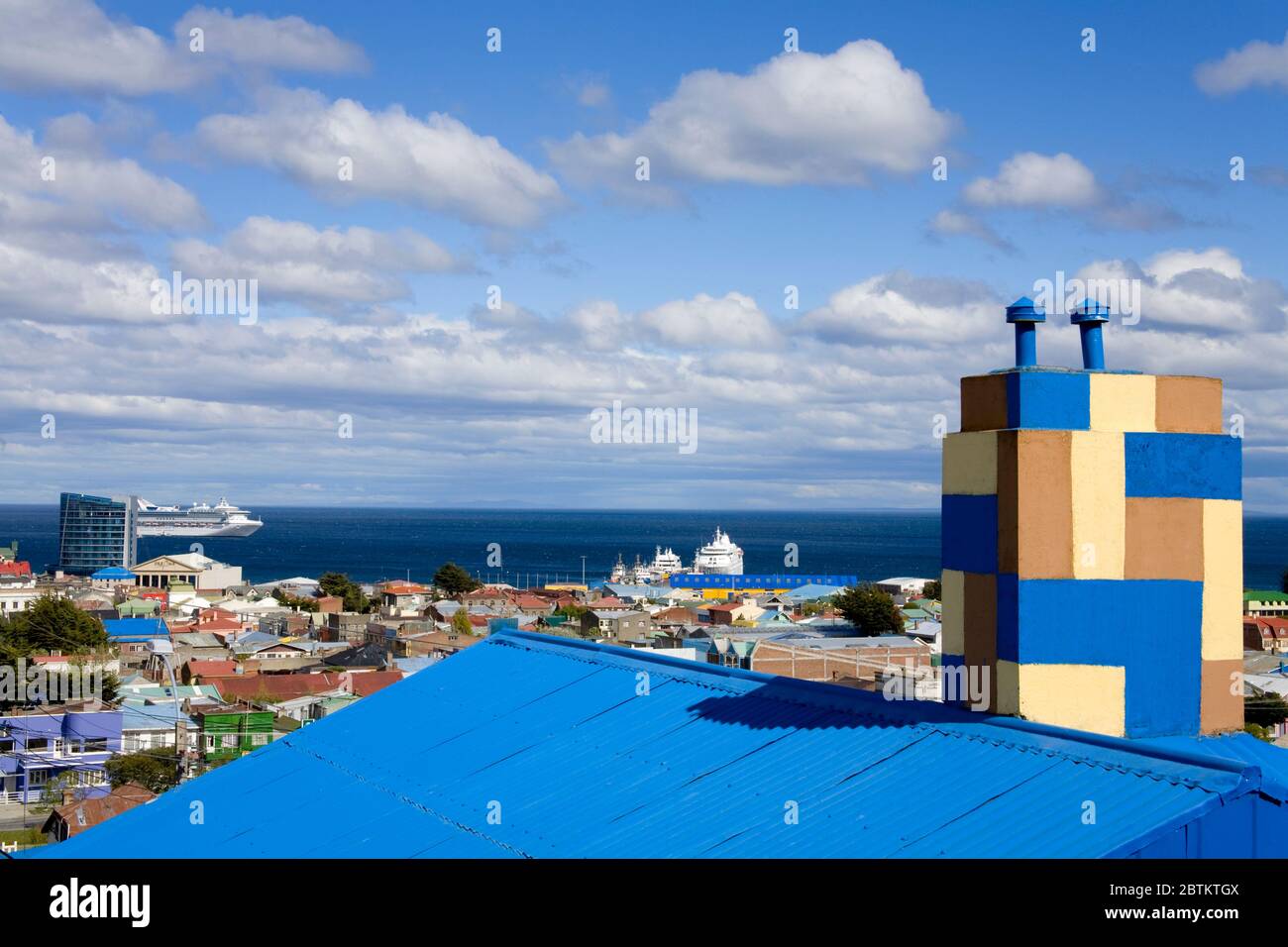 View of Punta Arenas City from La Cruz Hill, Magallanes Province, Patagonia, Chile, South America Stock Photo