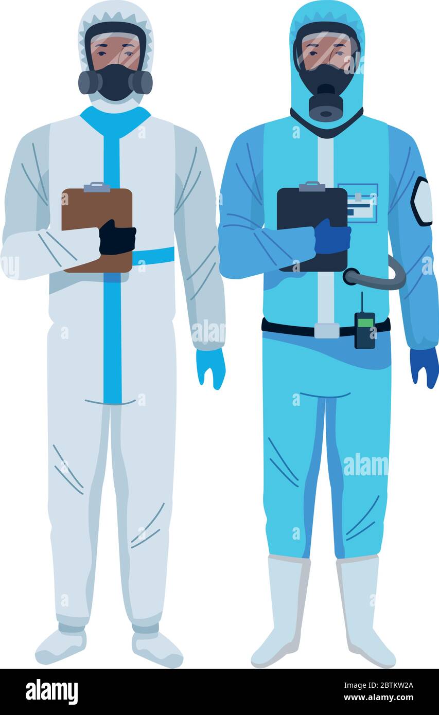 Mans in protective hazmat suit, blue sky Stock Photo by