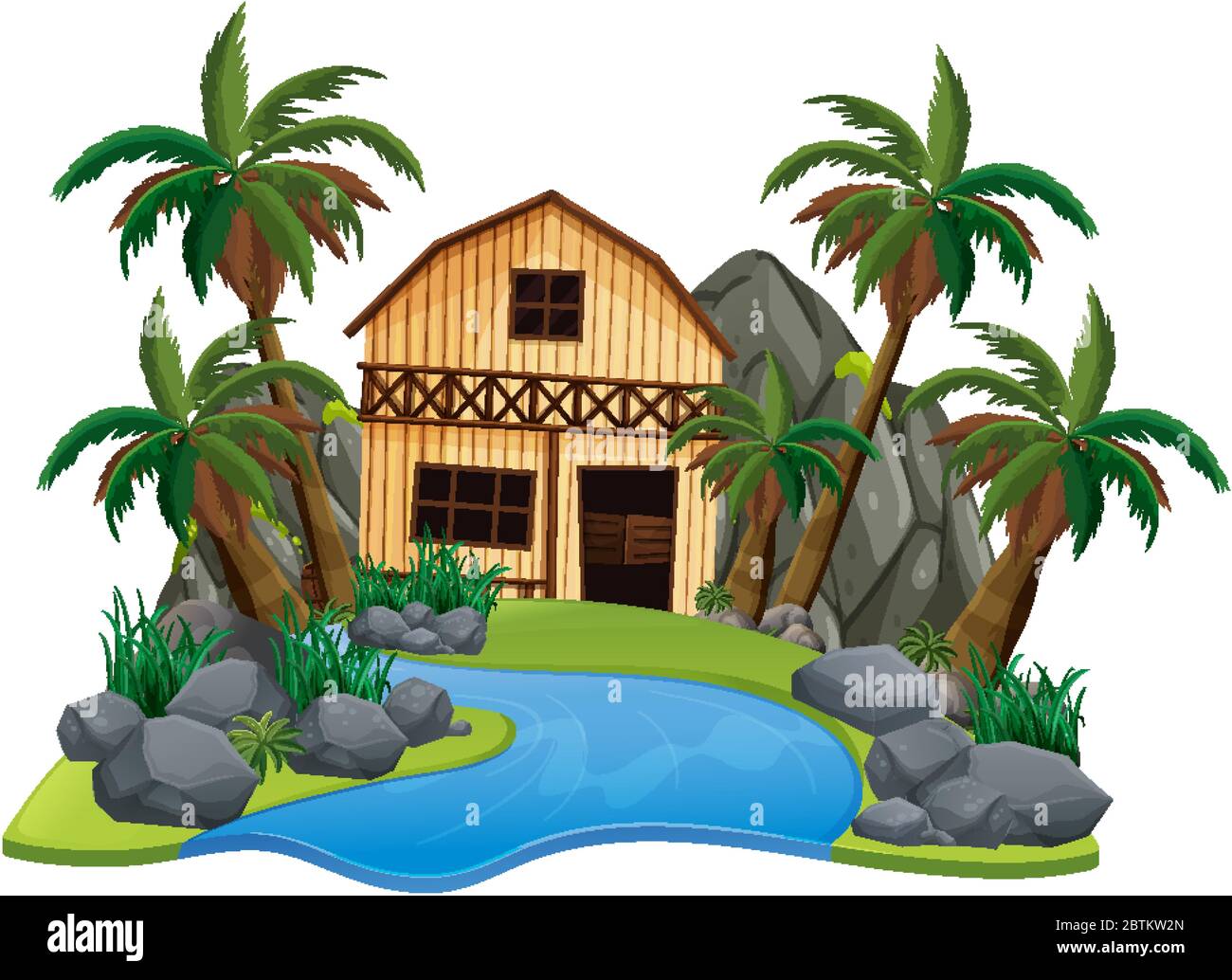 Scene with wooden house on white background illustration Stock Vector ...