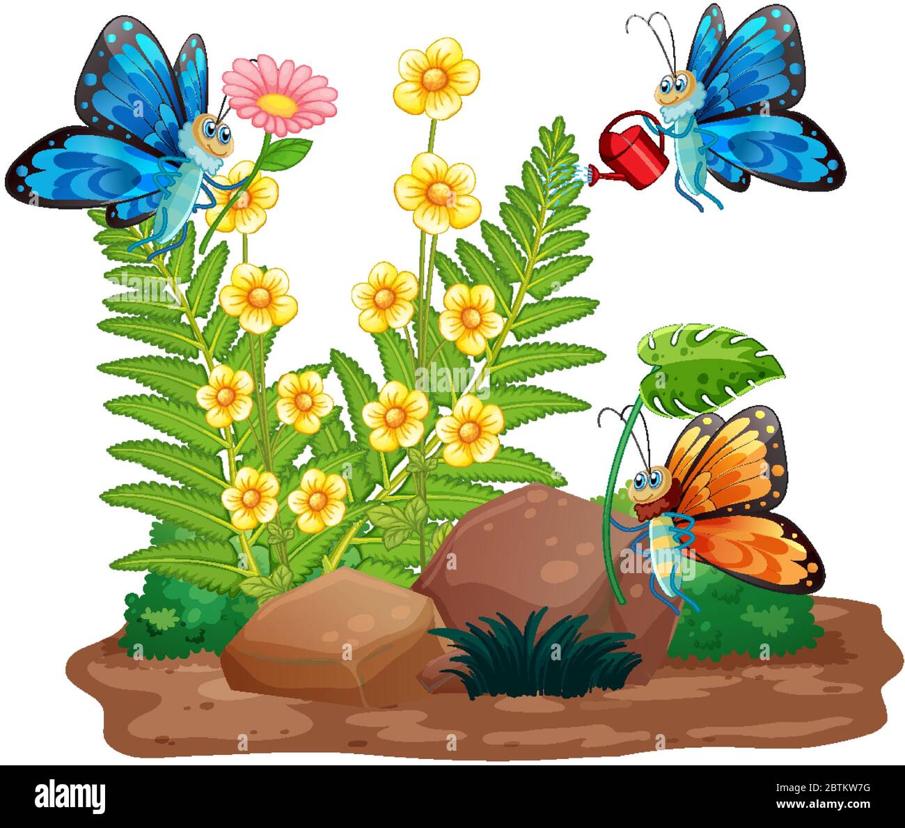 Gardening scene with butterflies flying illustration Stock Vector Image ...
