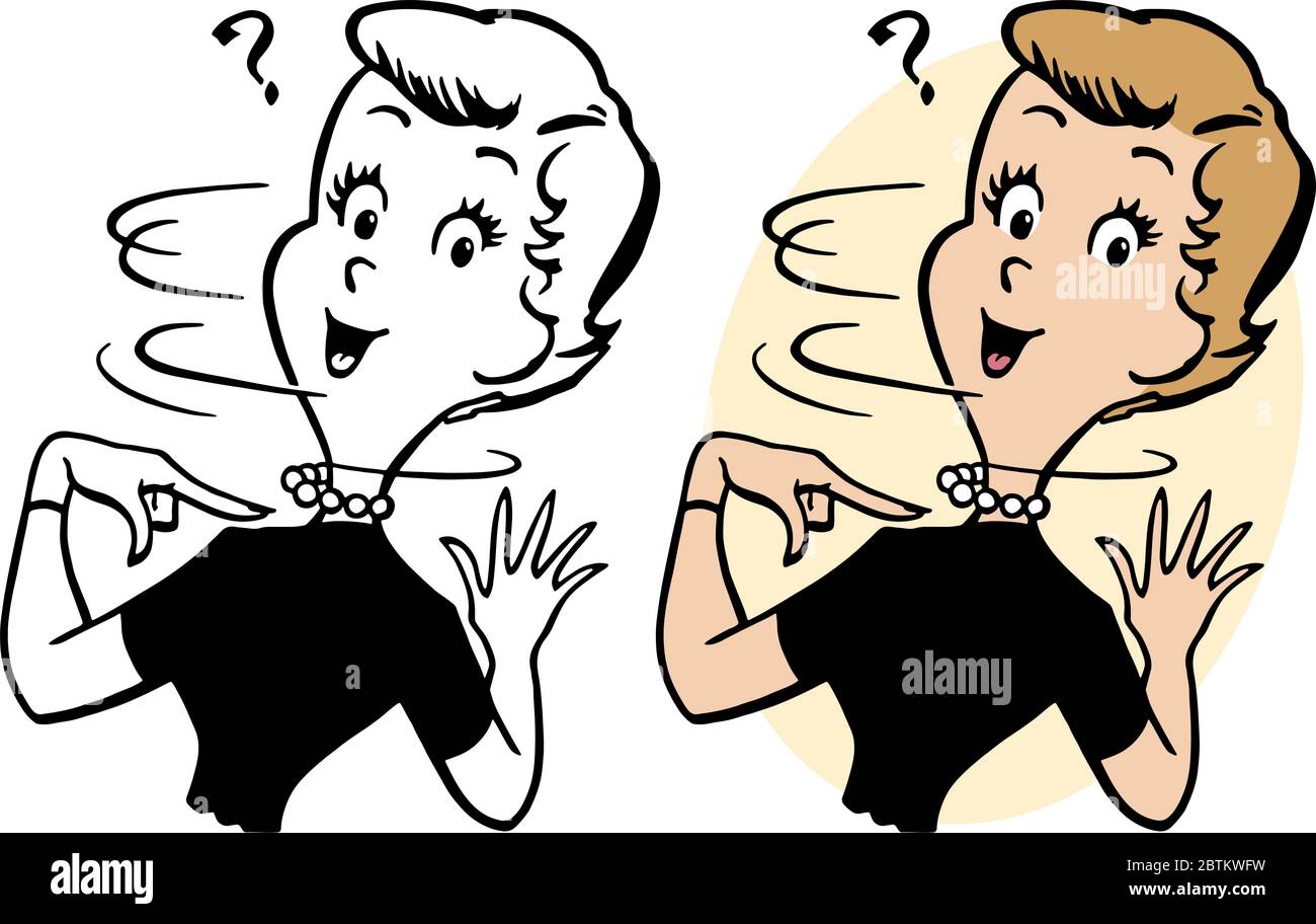 A cartoon of a woman with a surprised expression pointing at herself. Stock Vector