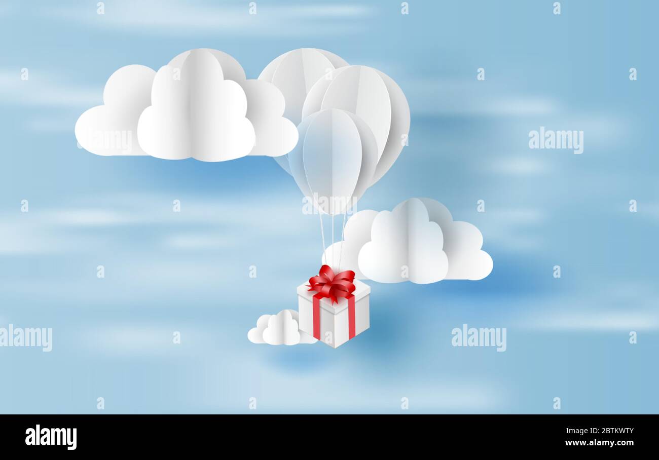 paper art and craft style of balloon white floating and Gift Box on in ...