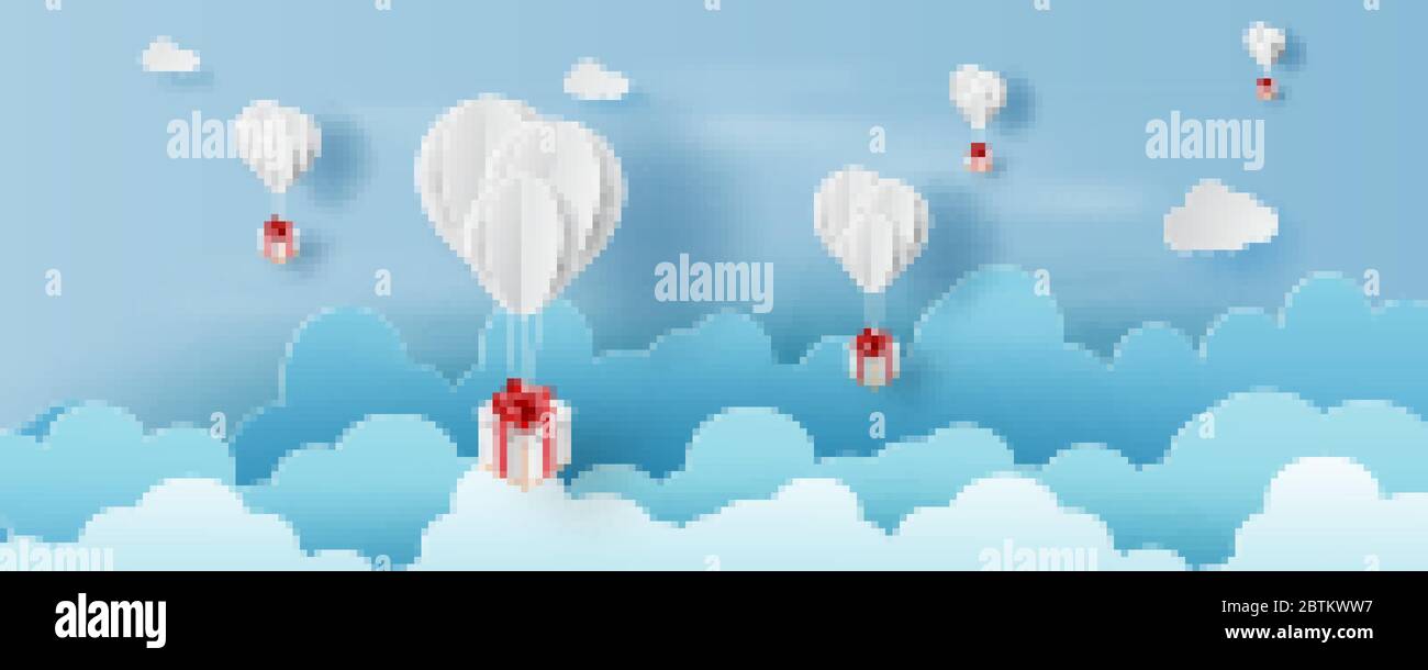 3D paper art and craft style of balloon white floating and Gift Box on ...