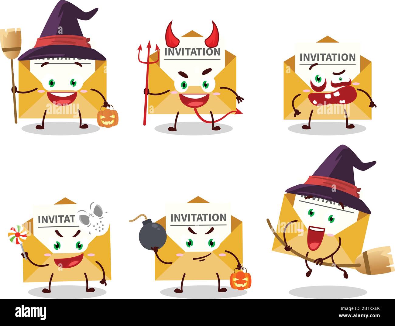 Halloween expression emoticons with cartoon character of invitation ...