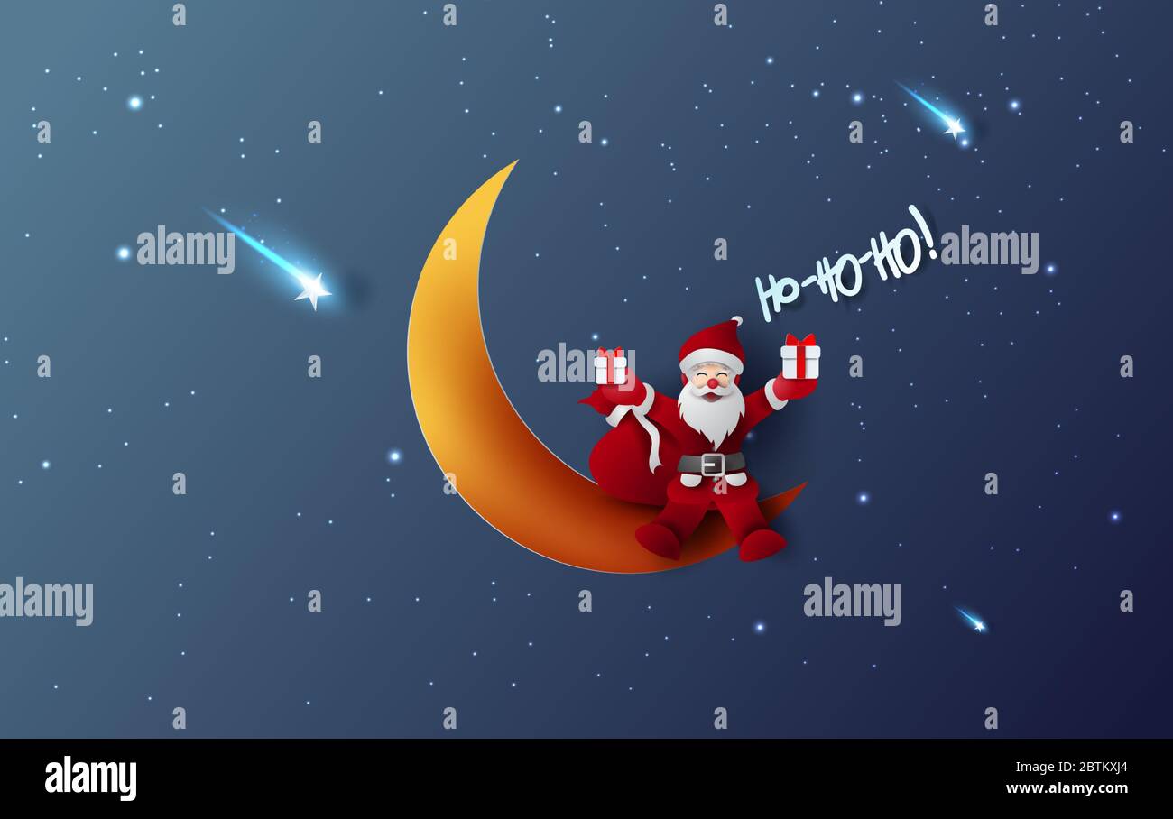 Merry Christmas and Happy new year of Santa claus Hold a gift box.Half moon and star with Mystical Night sky fantasy background.Moonlight at night swe Stock Vector