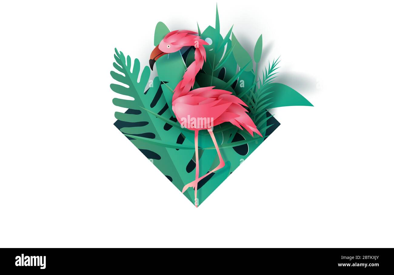Sale Summer frame banner with pink color flamingo on tropical leaf ...
