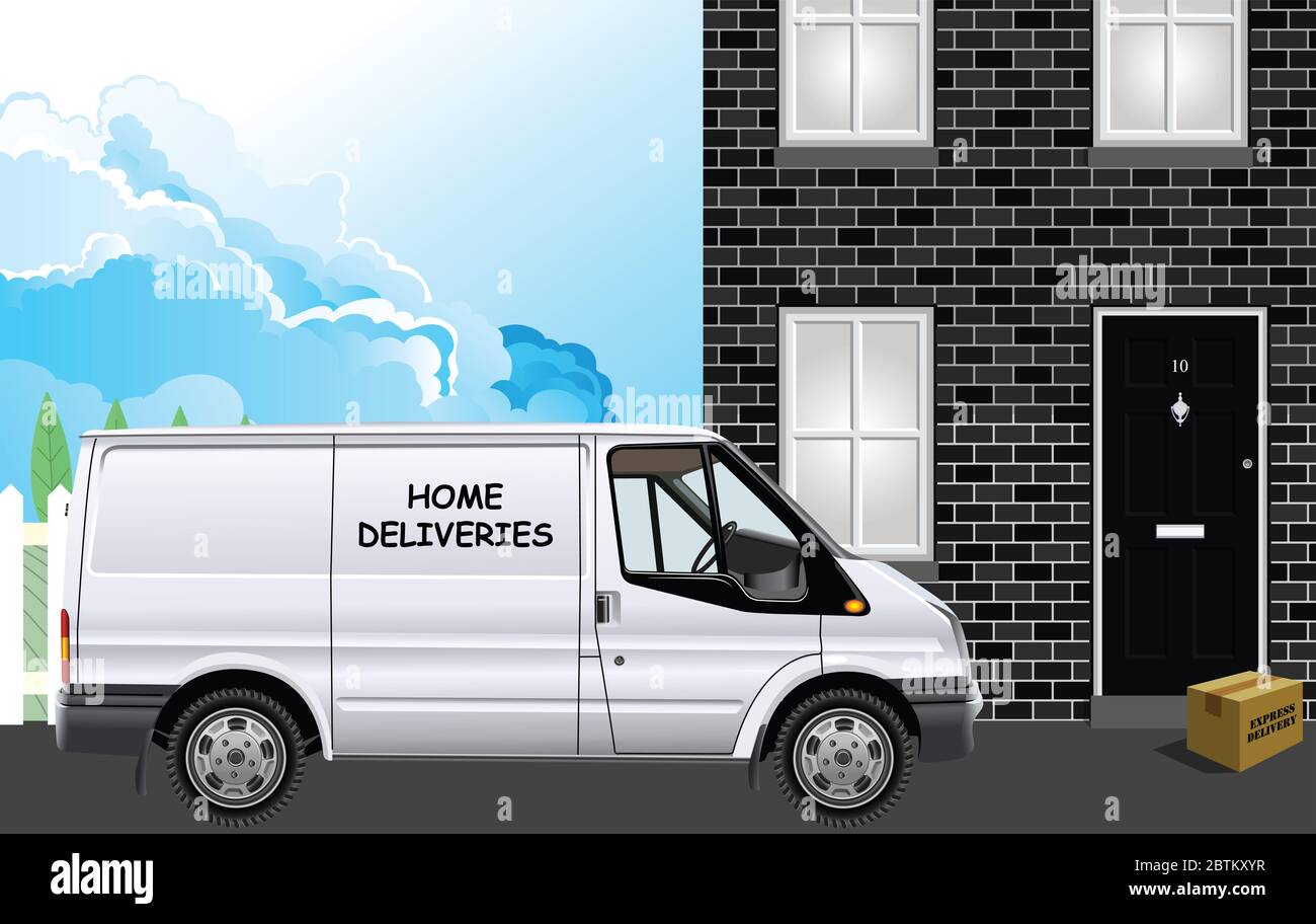 Express delivery parcel being delivered by courier van and left outside  property Stock Photo - Alamy