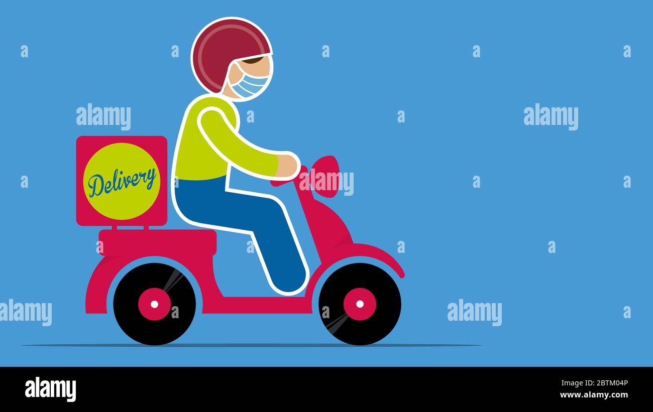 Man wearing blue face mask with red helmet driving a red motorcycle working delivering food on blue background. Vector image Stock Vector