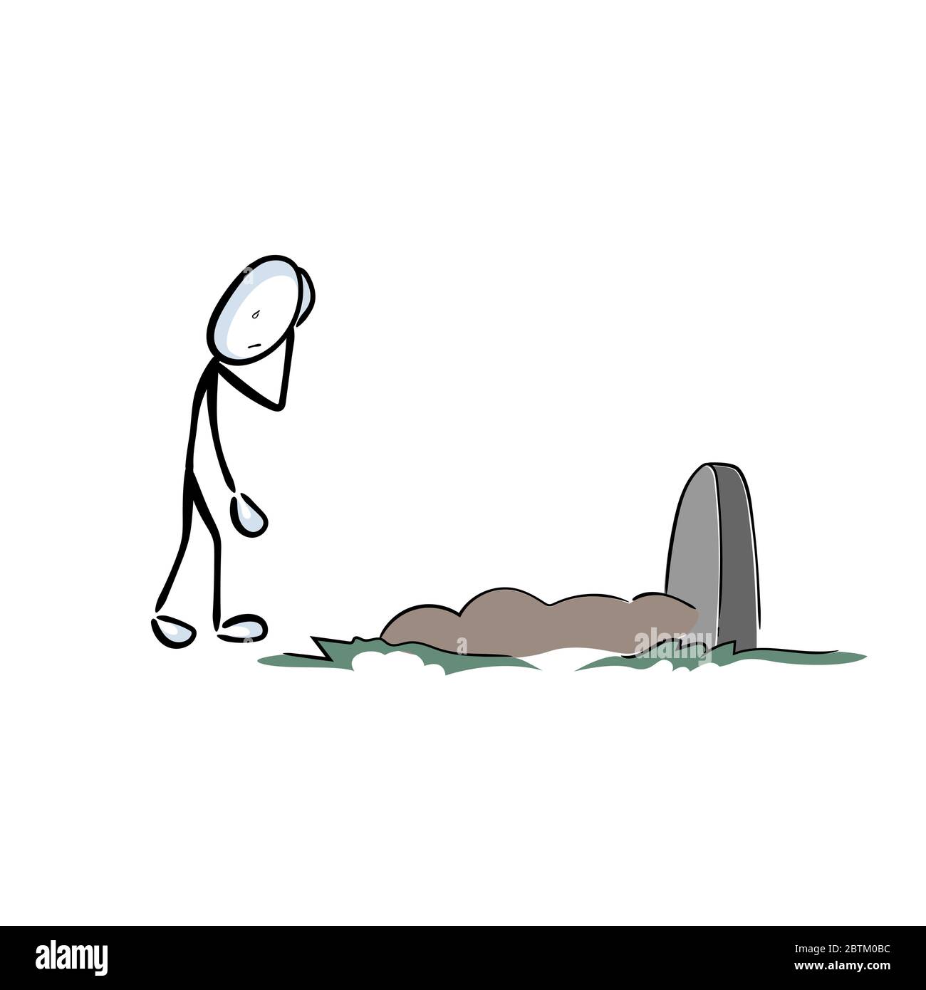 Burial on the graveyard, cemetery. Visiting grave for remembrance. RIP. Hand drawn. Stickman cartoon. Doodle sketch, Vector graphic illustration Stock Vector