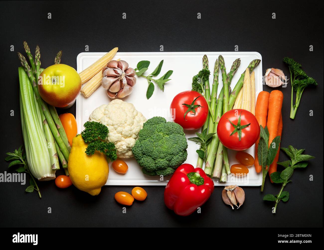 Fresh vegetables  on black background. Top view, flat lay Stock Photo