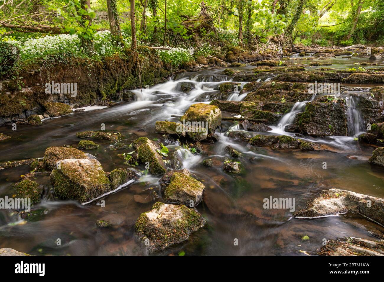 Small waterfall on the River Alyn at Maeshafn, North wales Stock Photo