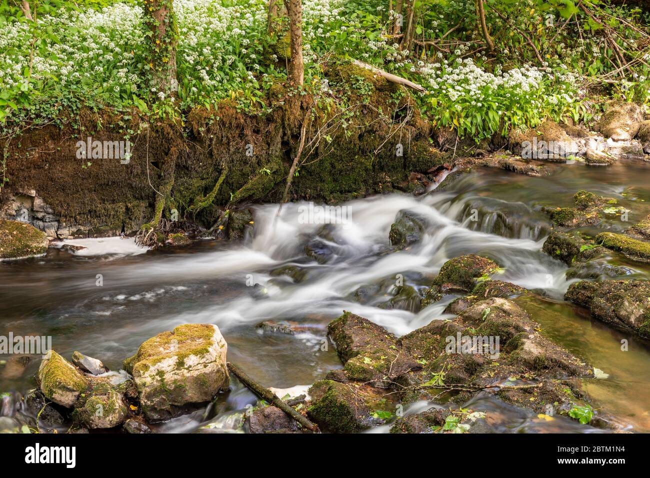 Small waterfall on the River Alyn at Maeshafn, North wales Stock Photo