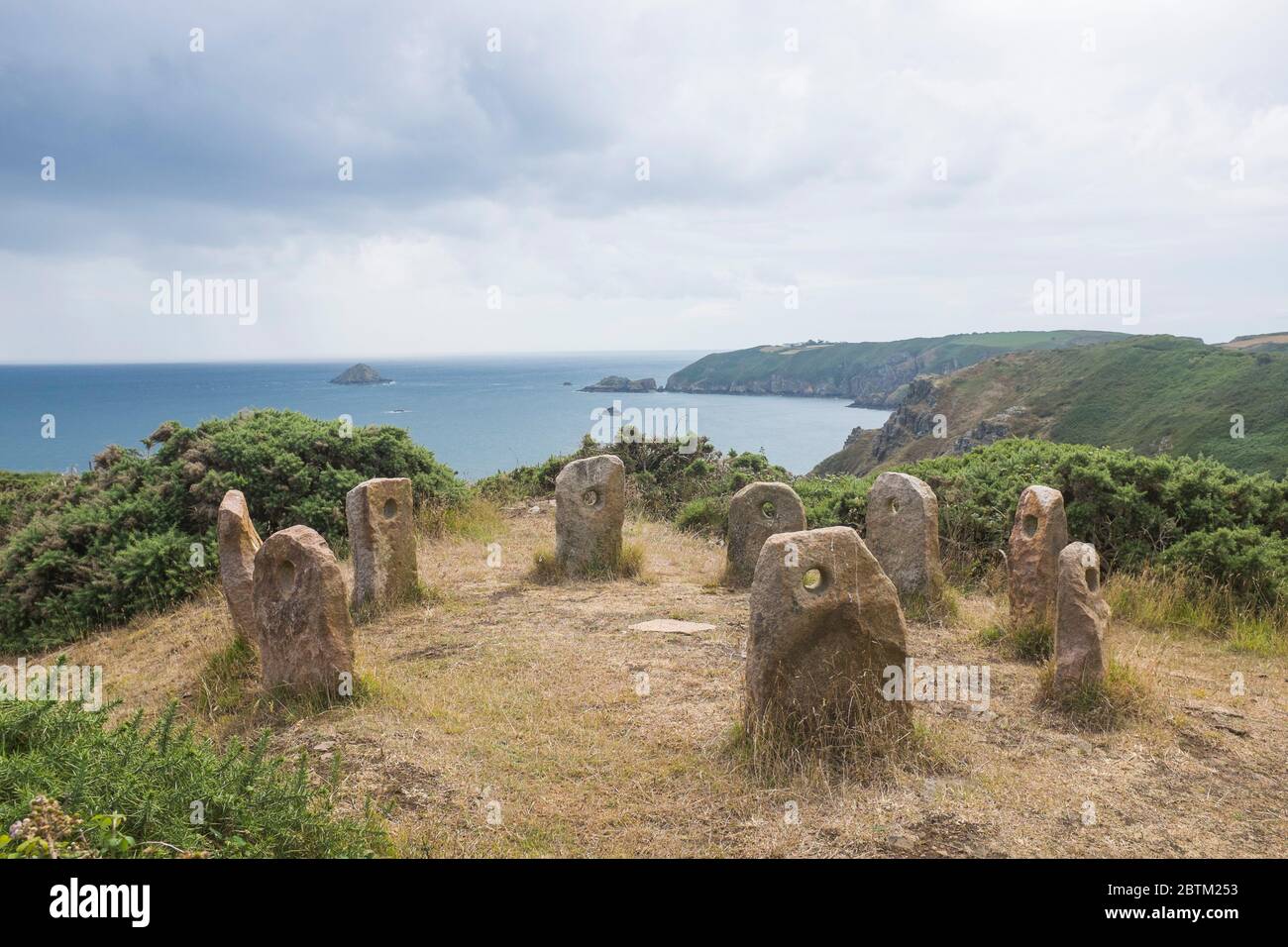 Scenery with Stone Circle 'Sark Henge' on the Channel Island of Sark Stock Photo