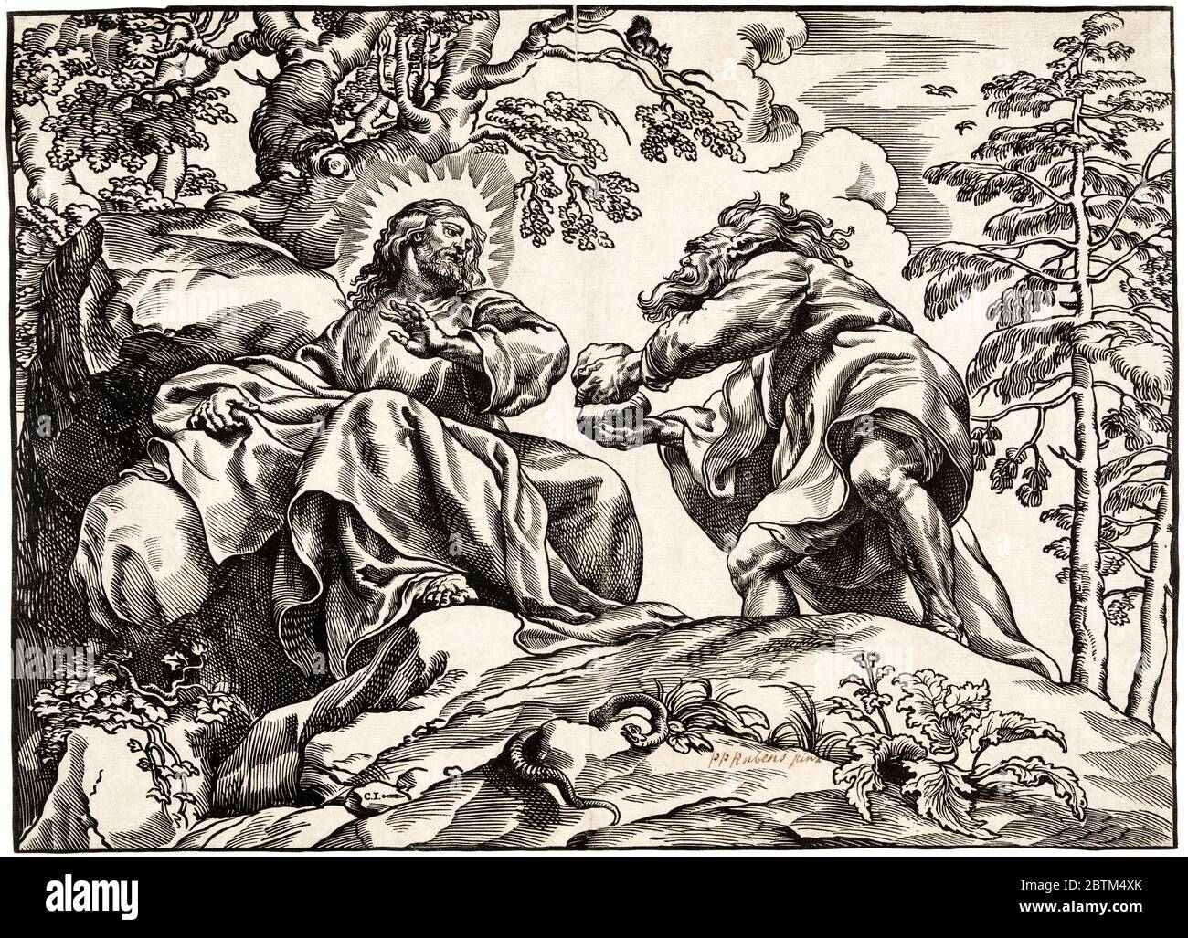 Christoffel Jegher after Peter Paul Rubens, The Temptation of Christ by the Devil, woodcut print, circa 1630 Stock Photo