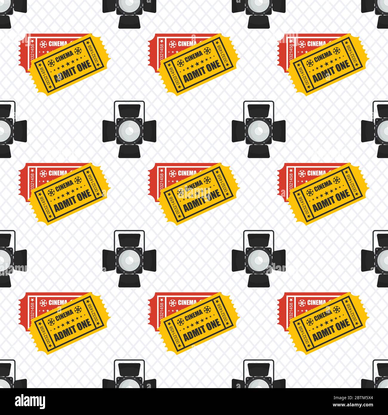 Cinema seamless pattern. Wallpaper spotlight, projector and film ticket