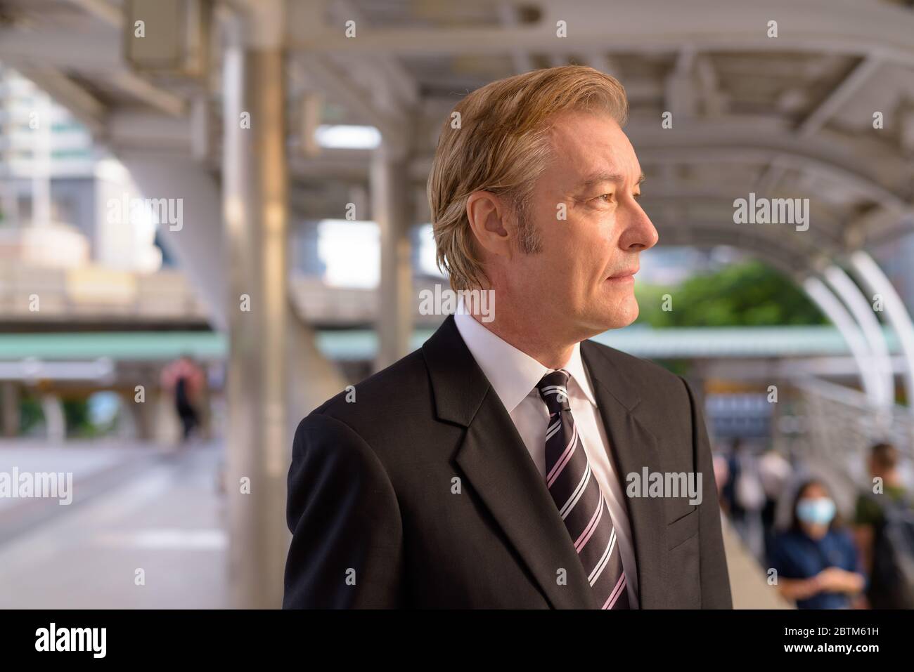 Mature handsome businessman in suit thinking at the footbridge Stock ...