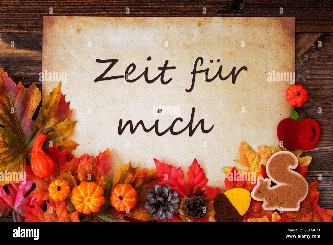 Old Paper With Autumn Decoration, Zeit Fuer Mich Means Time For Me Stock Photo