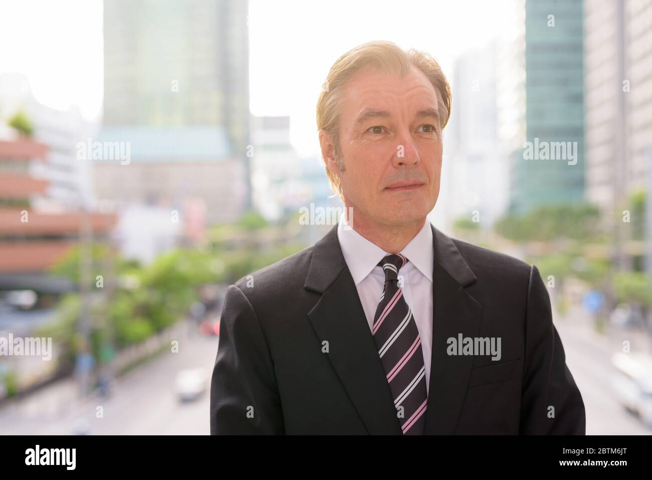 Mature handsome businessman in suit against view of the city Stock ...