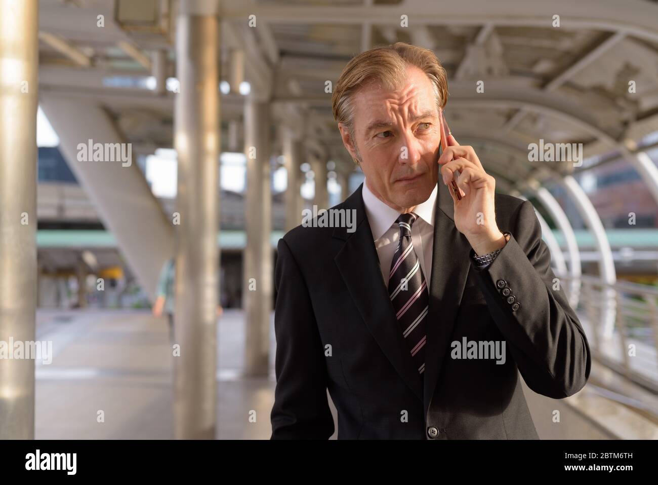 Mature handsome businessman in suit talking on the phone at footbridge ...
