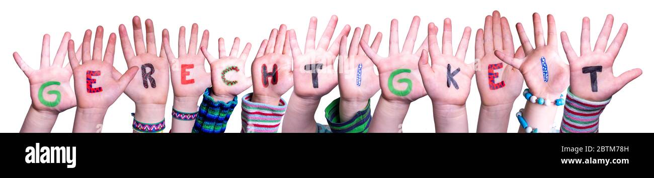 Children Hands Building Word Gerechtigkeit Means Justice, Isolated Background Stock Photo