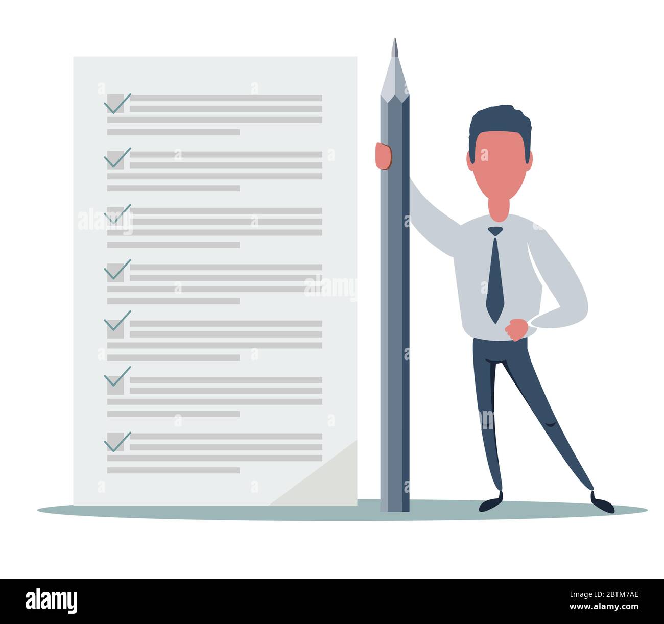 Happy businessman holding a pencil standing at completed checklist on ...