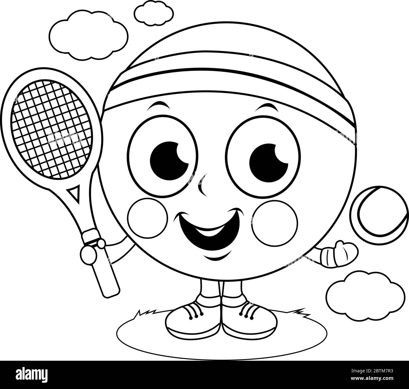 Tennis ball character playing tennis. Vector black and white coloring page Stock Vector