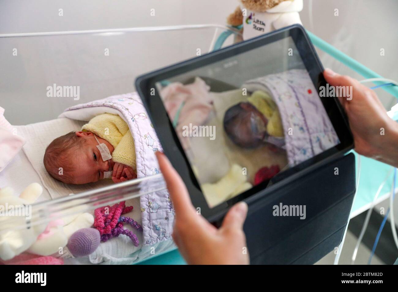 A nurse makes a video of a newborn baby in the maternity ward at Frimley Park Hospital in Surrey to send to the parents as visiting hours are restricted because of COVID pandemic. Picture date: 22/5/2020. Stock Photo