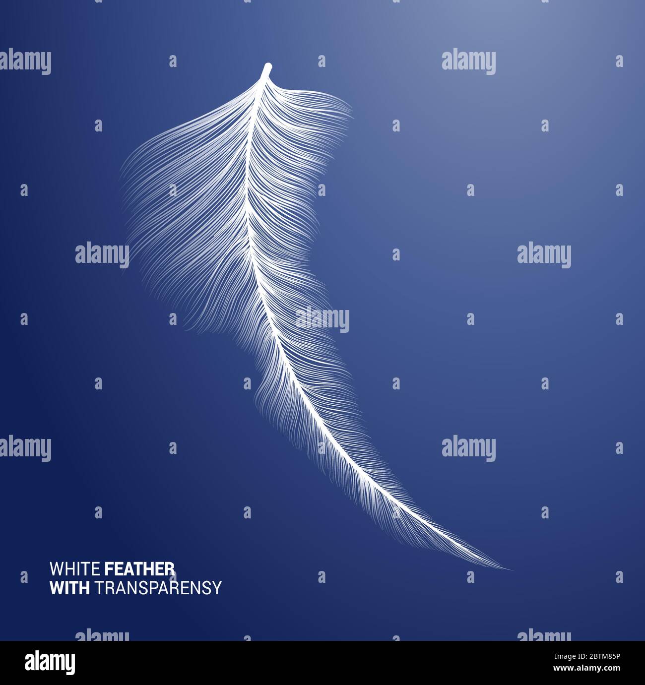 White fluffy feather, vector isolated realistic quill on blue background. Goose or swan bird feather symbol with detailed plumage texture, decoration element, softness symbol, concept design Stock Vector