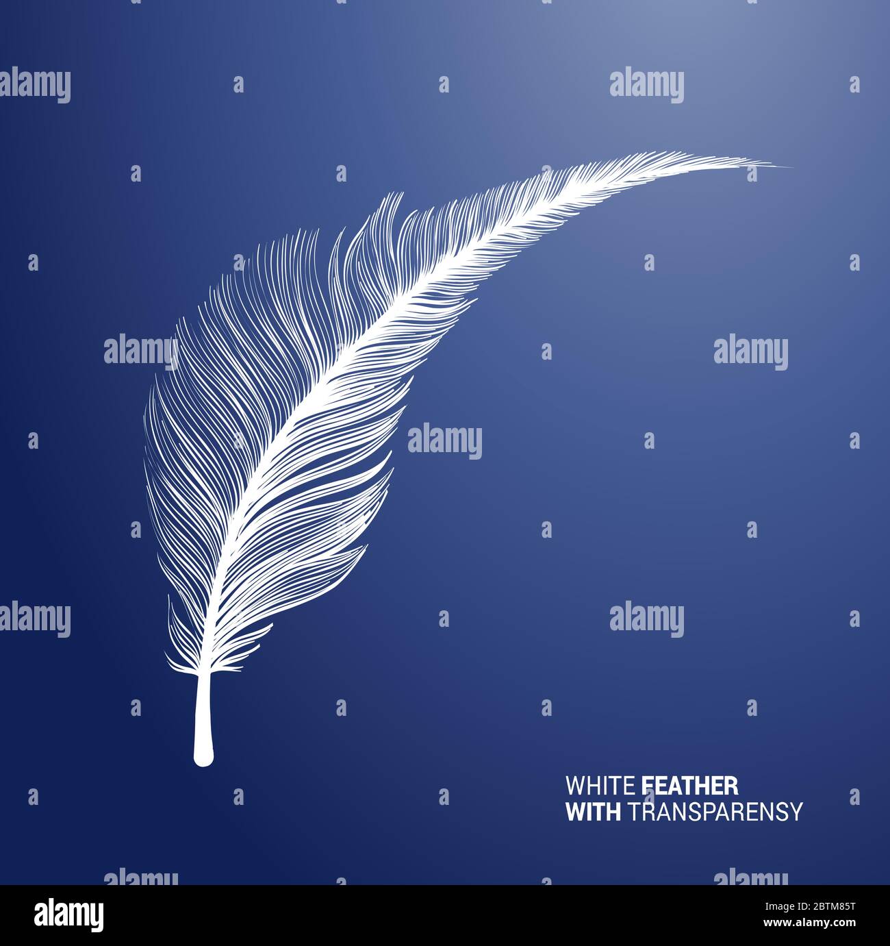 White fluffy feather, vector isolated realistic quill on blue background. Goose or swan bird feather symbol with detailed plumage texture, decoration element, softness symbol, concept design Stock Vector