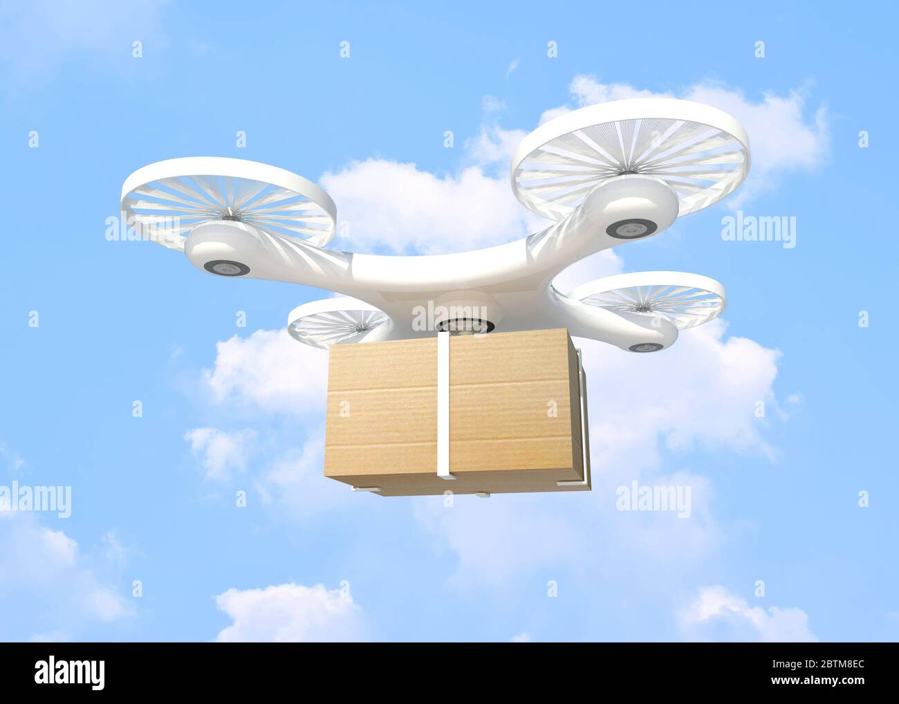 3D rendering Delivery drone with Box on Blue sky and clouds background,clipping path. - future delivery concept Stock Photo