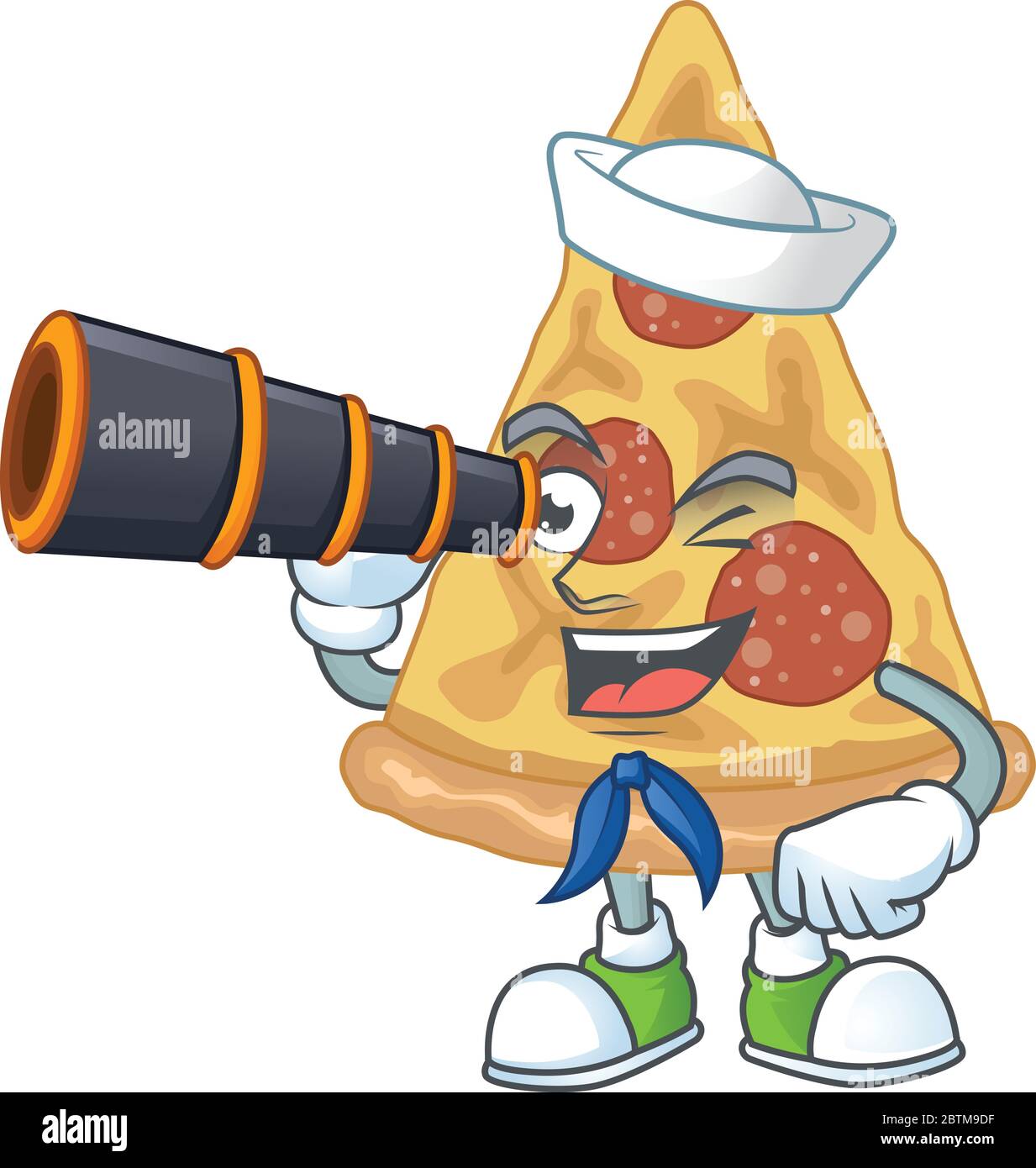 cartoon picture of slice of pizza in Sailor character using a binocular Stock Vector