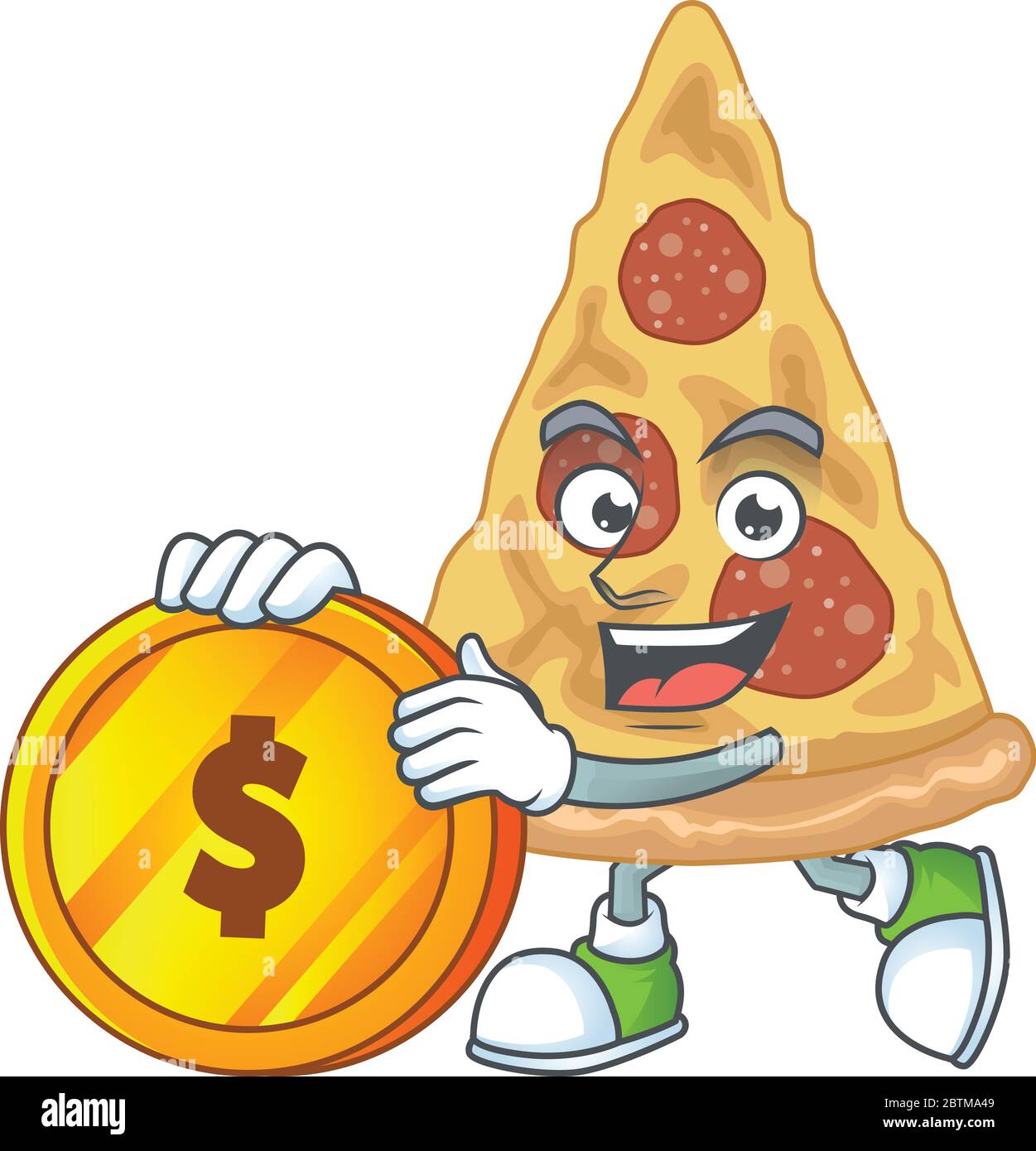 cartoon picture of slice of pizza rich character with a big gold coin Stock Vector