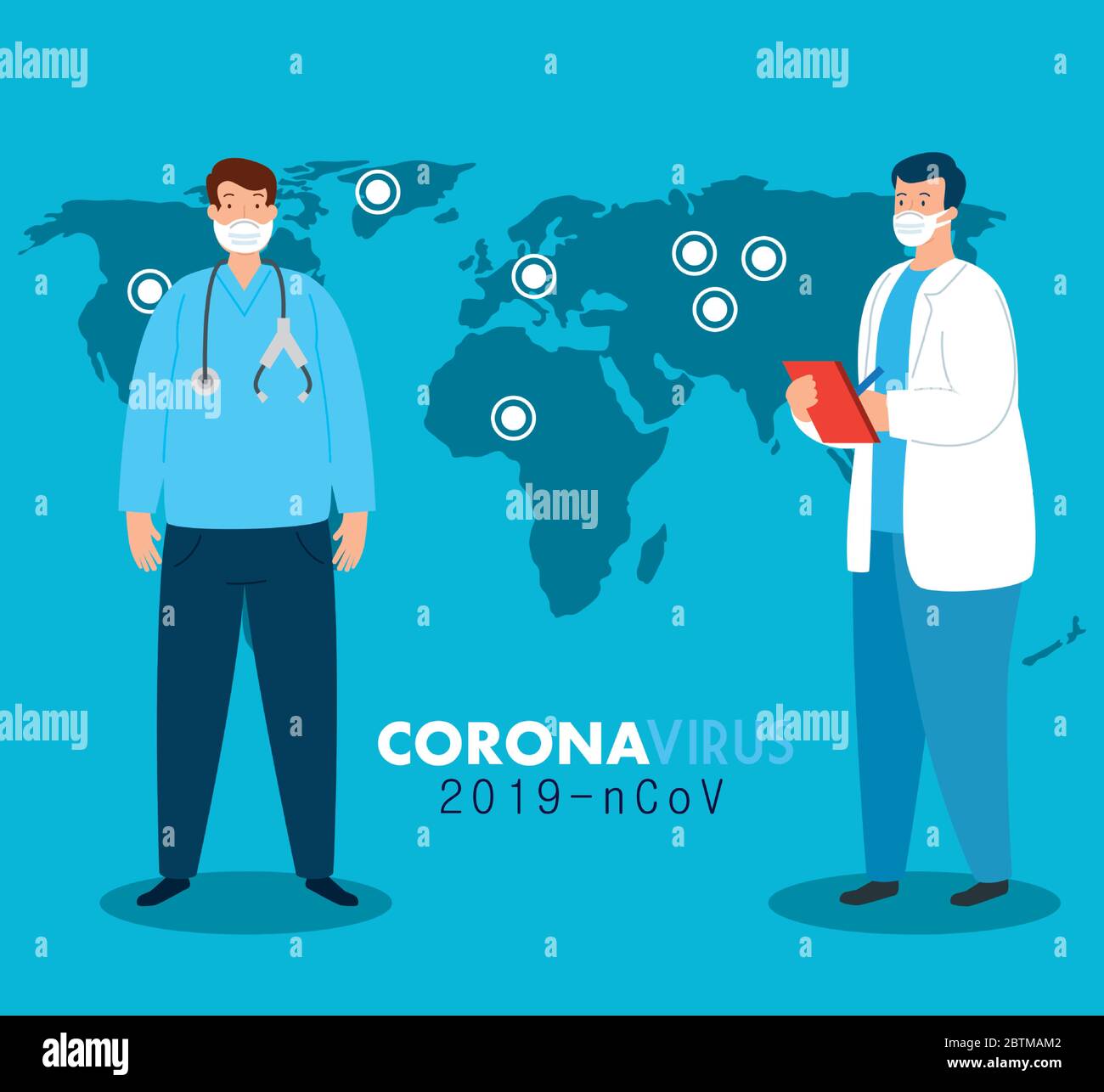 doctors around the world wearing face mask fighting for coronavirus, covid 19 on world map Stock Vector