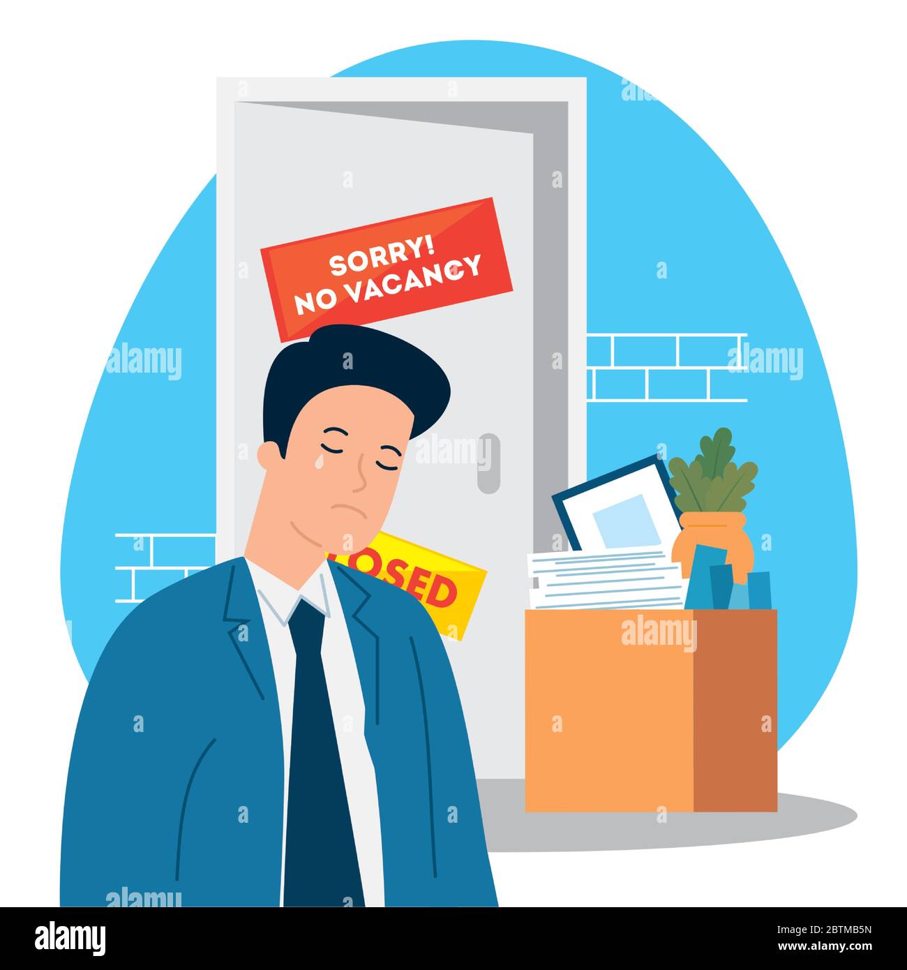 no vacancy, sorry, unemployment coronavirus covid 19, global crisis, man crying and box with objects office Stock Vector