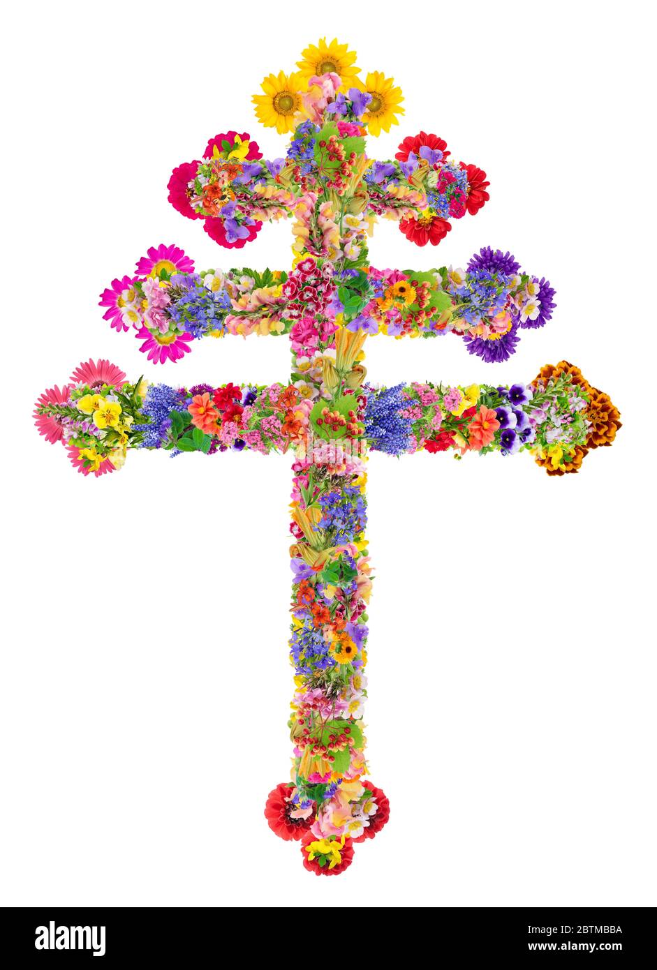 Cross of the Syriac Maronite Church. Reminiscent of the Papal cross and cross of Lazarus. Isolated collage from summer flowers Stock Photo