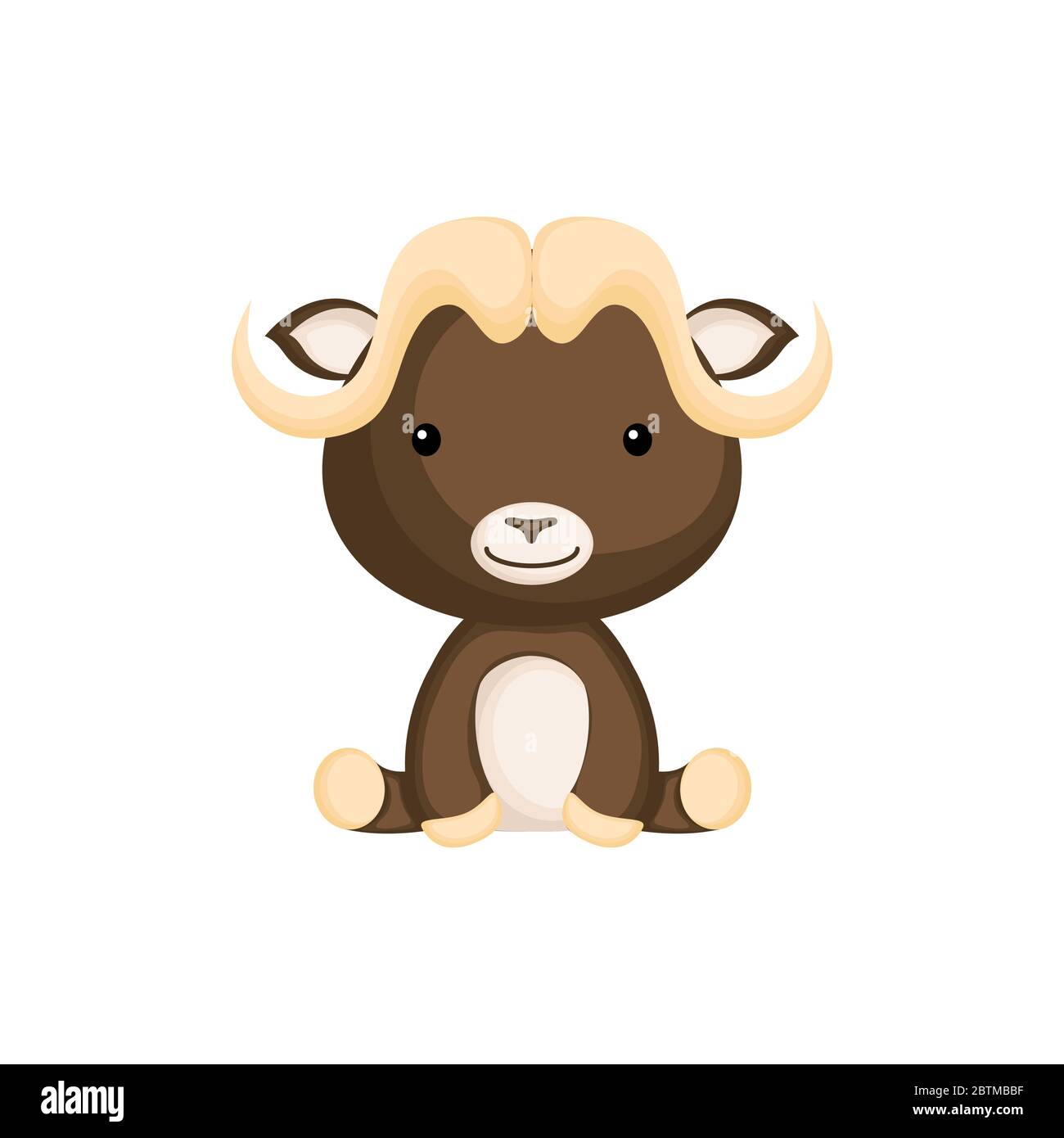 Cute funny sitting baby musk ox isolated on white background. Wild arctic adorable animal character for design of album, scrapbook, card Stock Vector