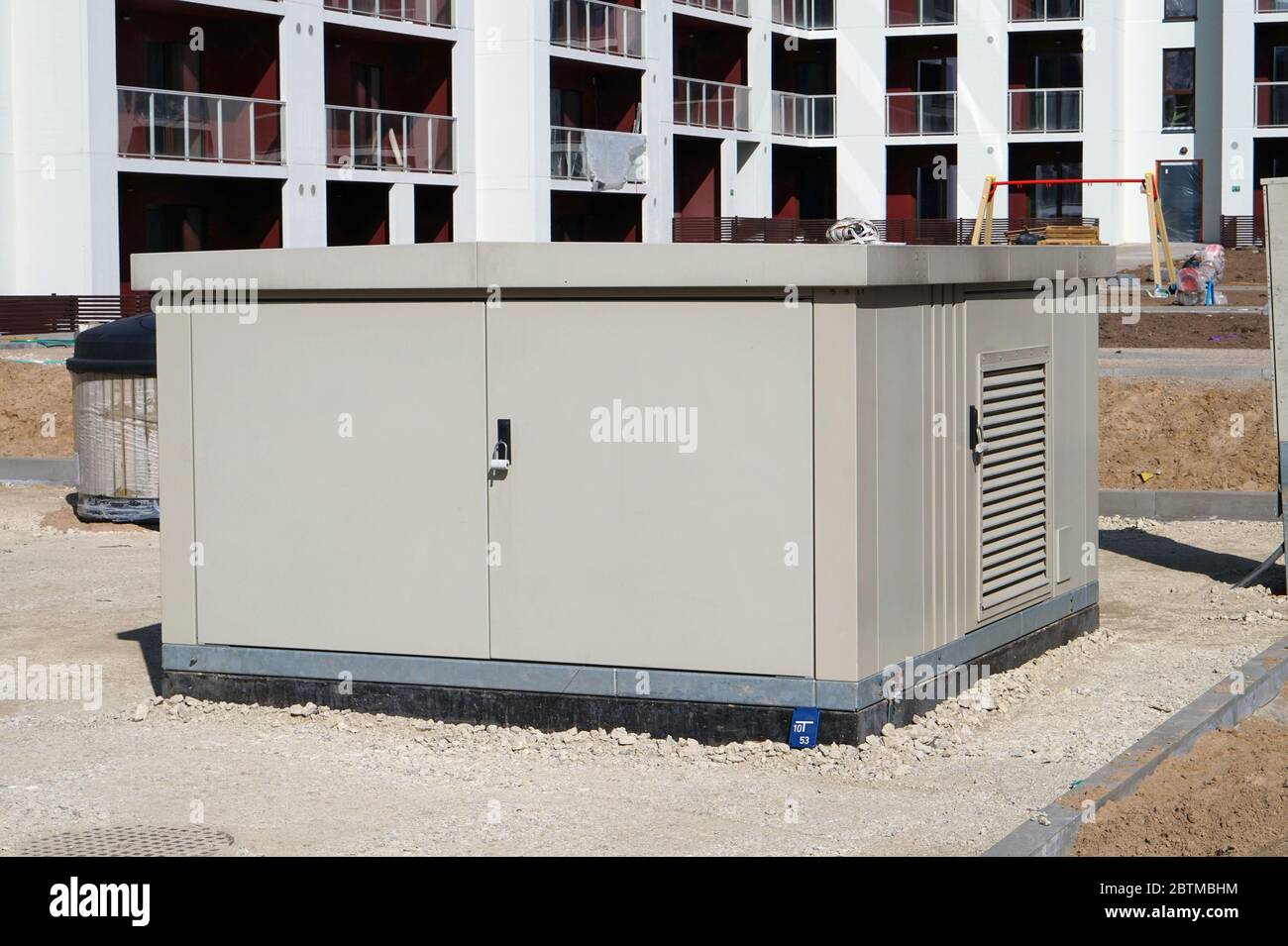 New modern small size power electric transformer box installed in the