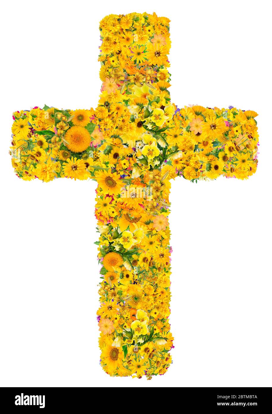 Golden cross of Jesus in my heart  save the world from disease.  Handmade collage from yelloe  summer flowers. Isolated on white Stock Photo