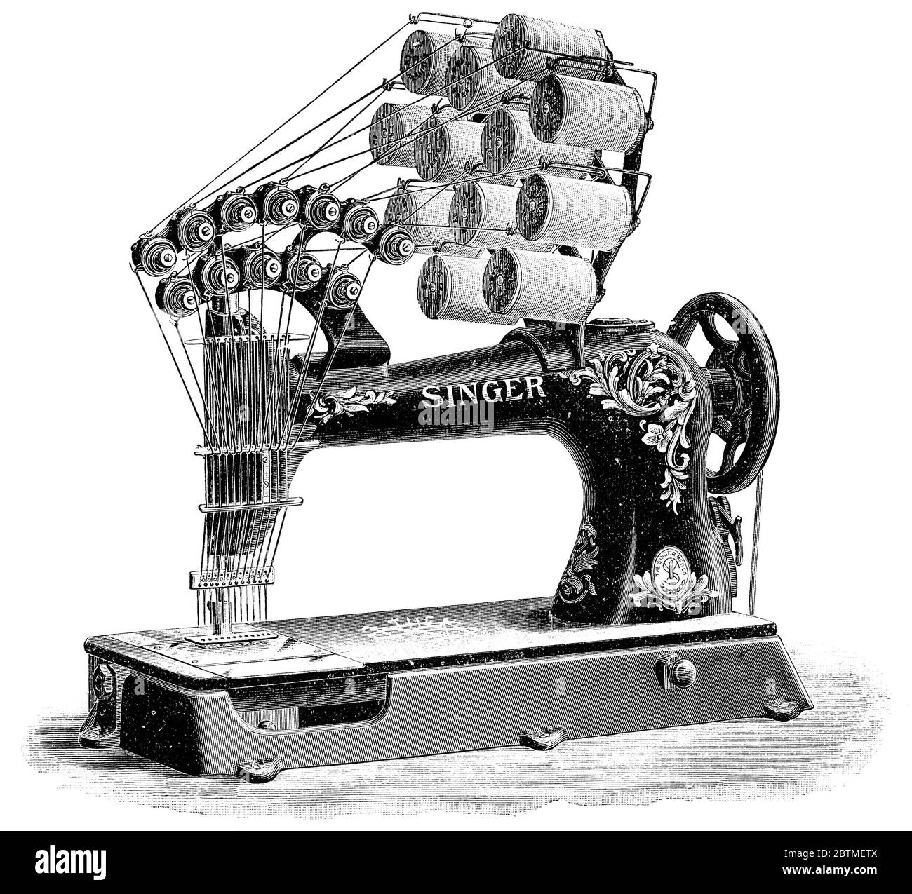 Twelveneedle sewing machine by Singer. Illustration of the 19th
