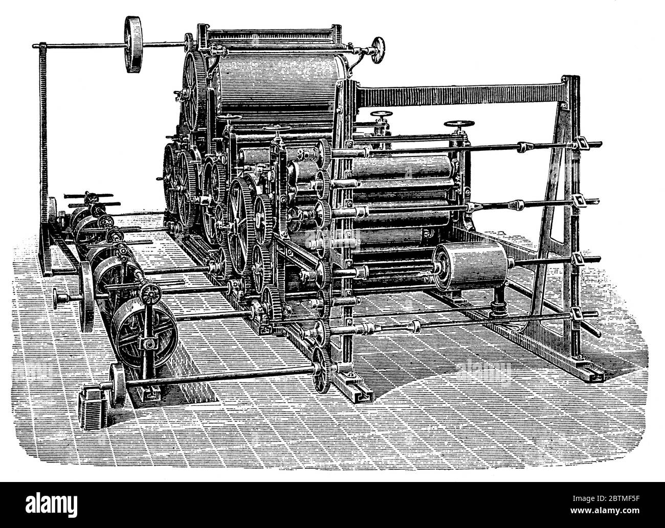 Equipment for the paper industry (dryer). Illustration of the 19th century. White background. Stock Photo