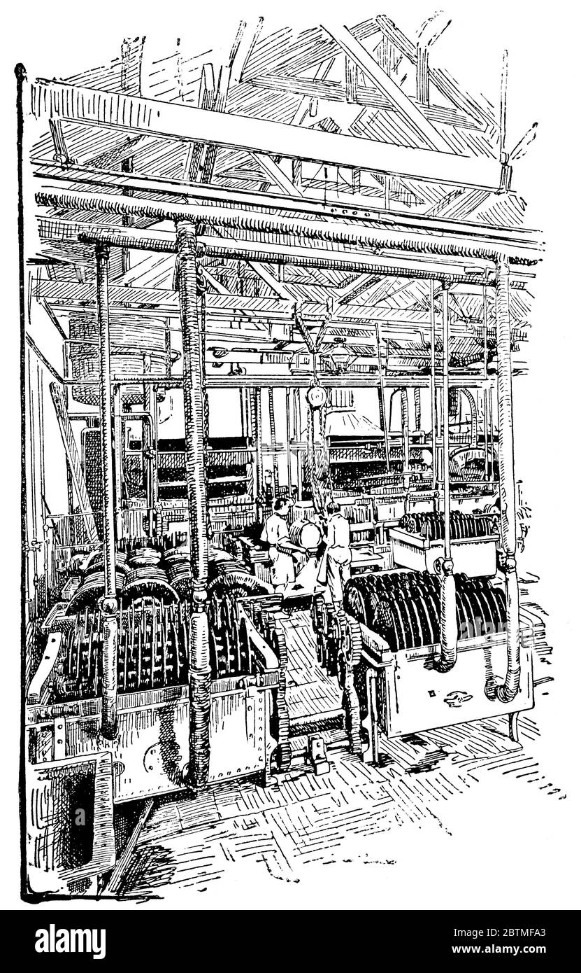 Meat slicer to prepare the meat extract. Illustration of the 19th
