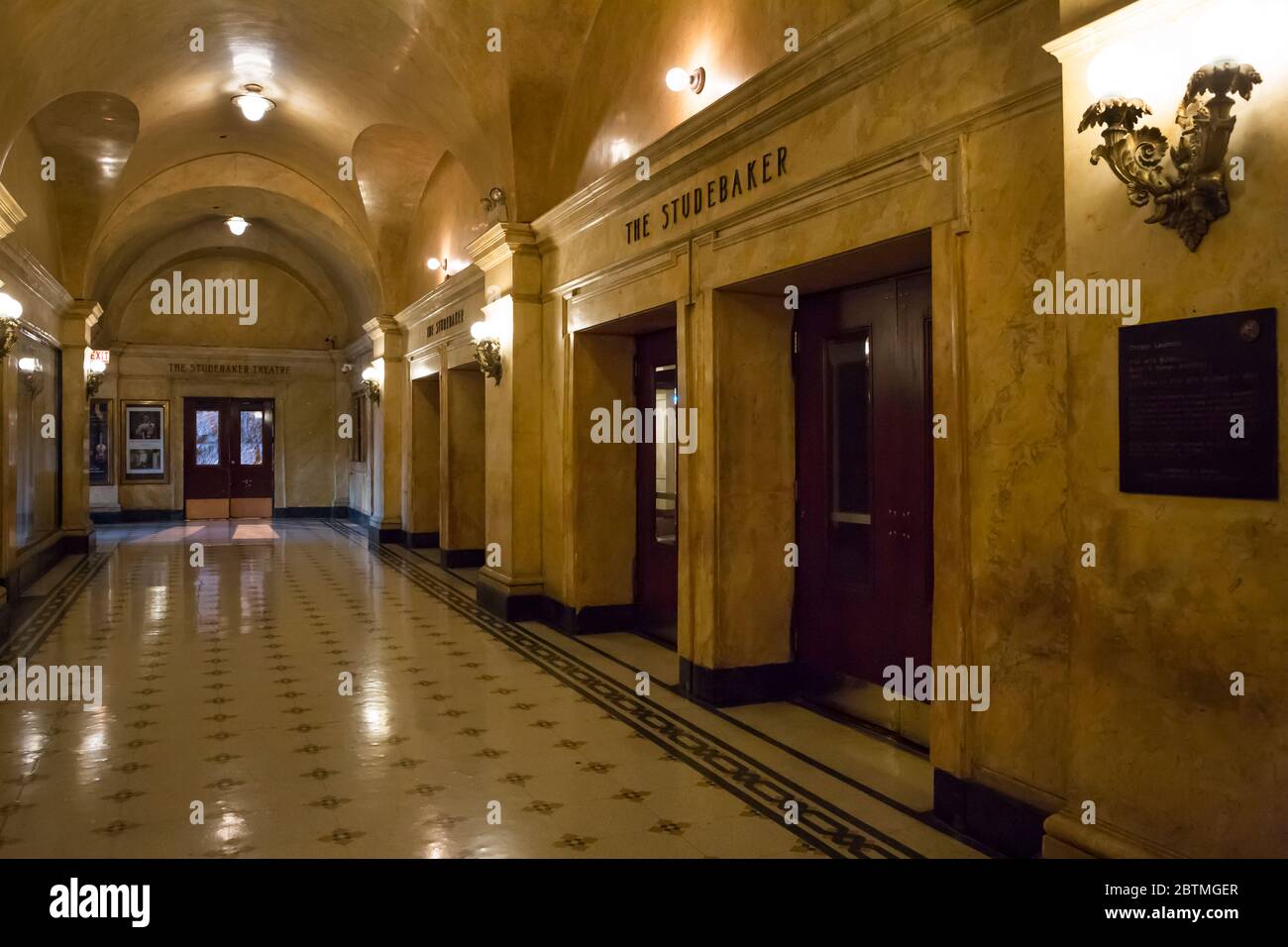 Horizontal shot of the some of the paintings and wooden decoration of the Fine Arts Building (Studebaker Building) interior, Chicago, Illinois, USA Stock Photo