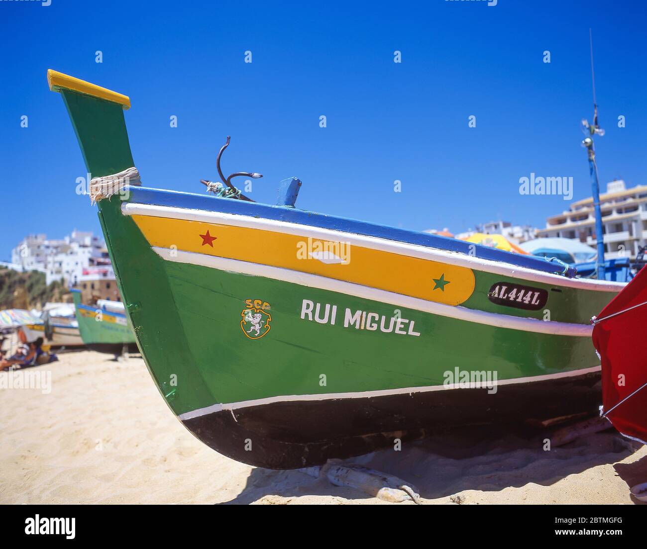 Traditional wooden fishing boat, Praia de Albufeira, Albufeira, Algarve Region, Portugal Stock Photo